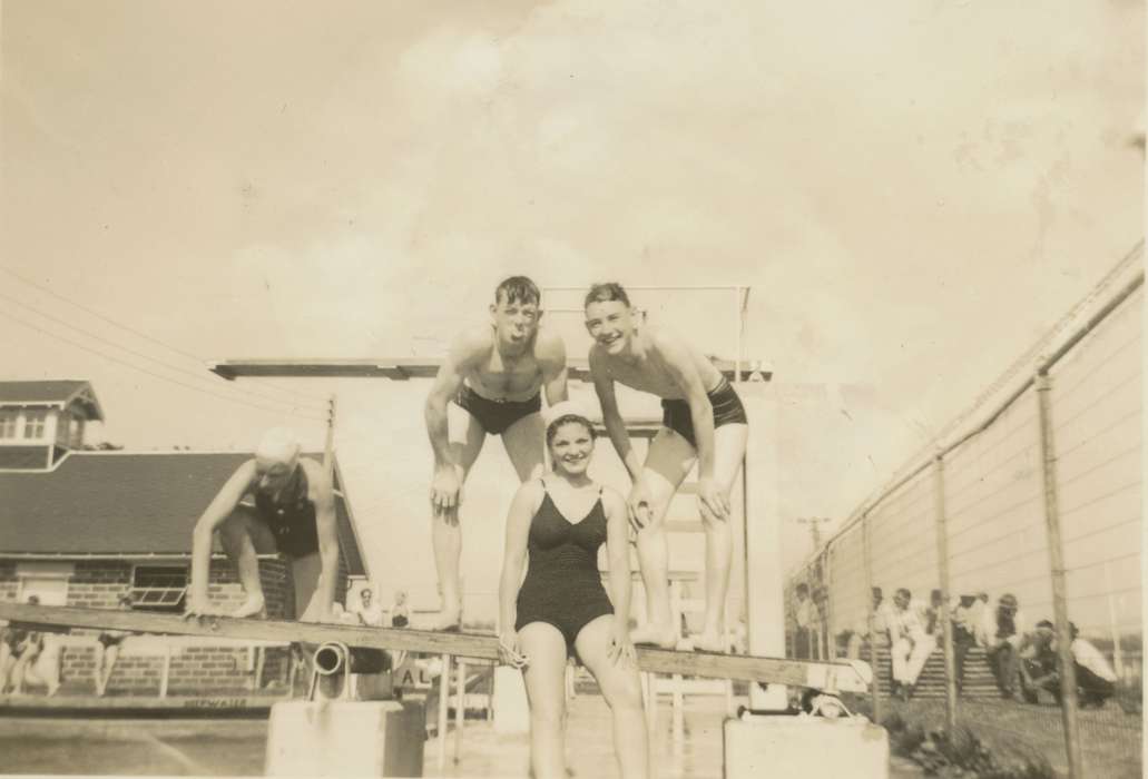 Outdoor Recreation, Portraits - Group, Iowa, silly, Villisca, IA, Iowa History, diving board, bathing suit, Children, swimsuit, Salway, Evelyn, history of Iowa, swimming pool