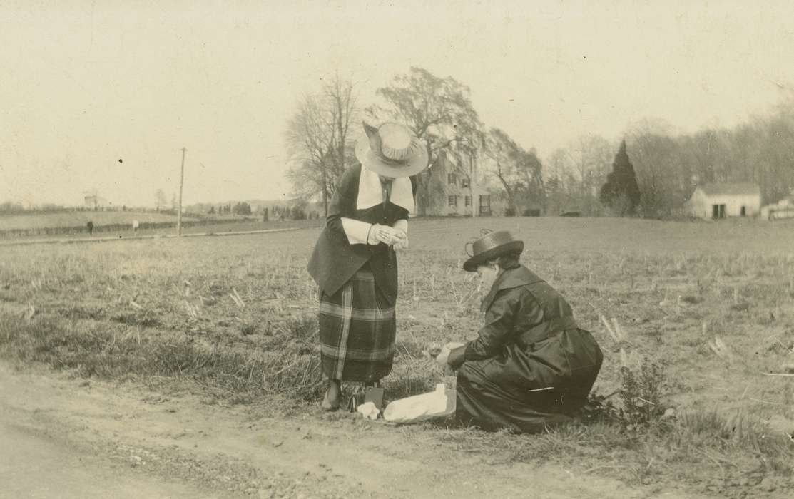 correct date needed, Iowa, sun hat, long skirt, coat, field, house, West Liberty, IA, Farms, history of Iowa, Meyers, Peggy, dirt road, Iowa History