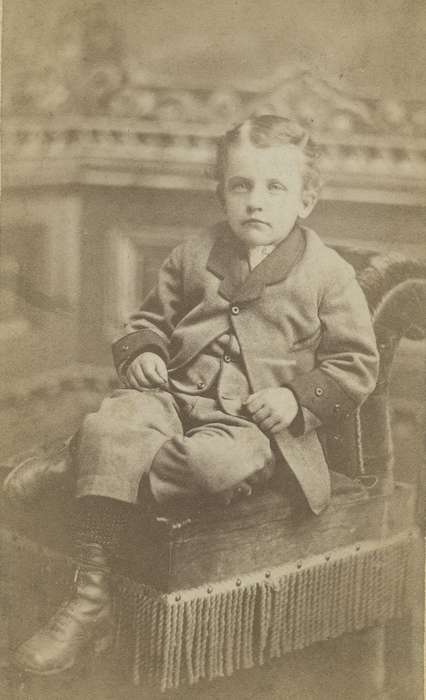 vest, sack coat, history of Iowa, Iowa History, children, Olsson, Ann and Jons, knickers, Newton, IA, Iowa, boy, painted backdrop, correct date needed, carte de visite