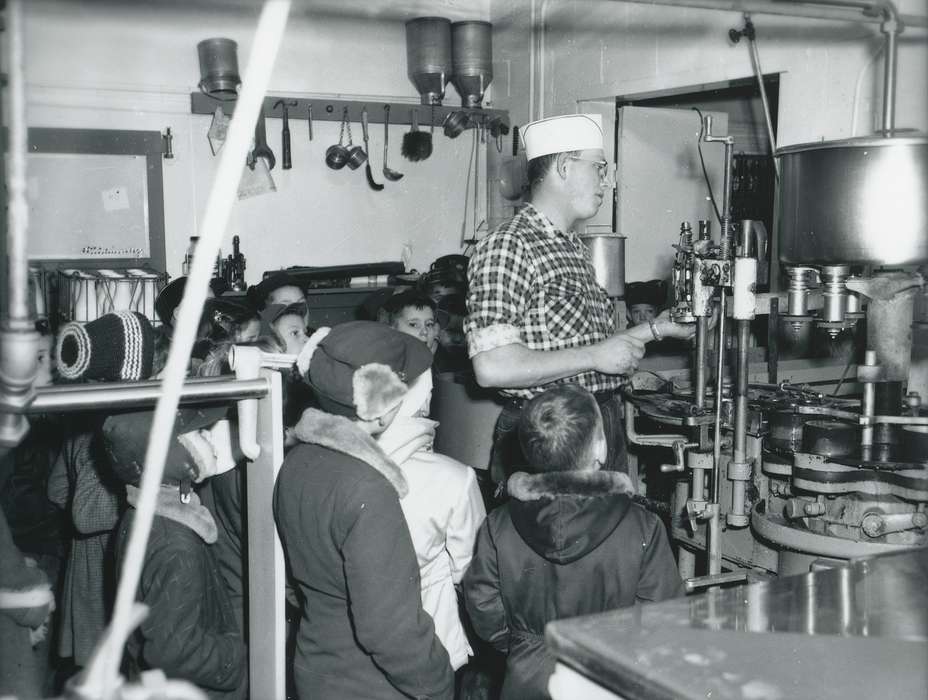 Children, food processing, history of Iowa, factory, man, Businesses and Factories, Waverly Public Library, Iowa, Iowa History, children, Labor and Occupations, field trip