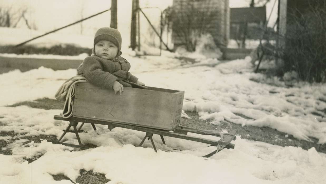 Tjaden, Carol, Cresco, IA, history of Iowa, snow, hat, Iowa, Portraits - Individual, sled, Children, Iowa History, Winter