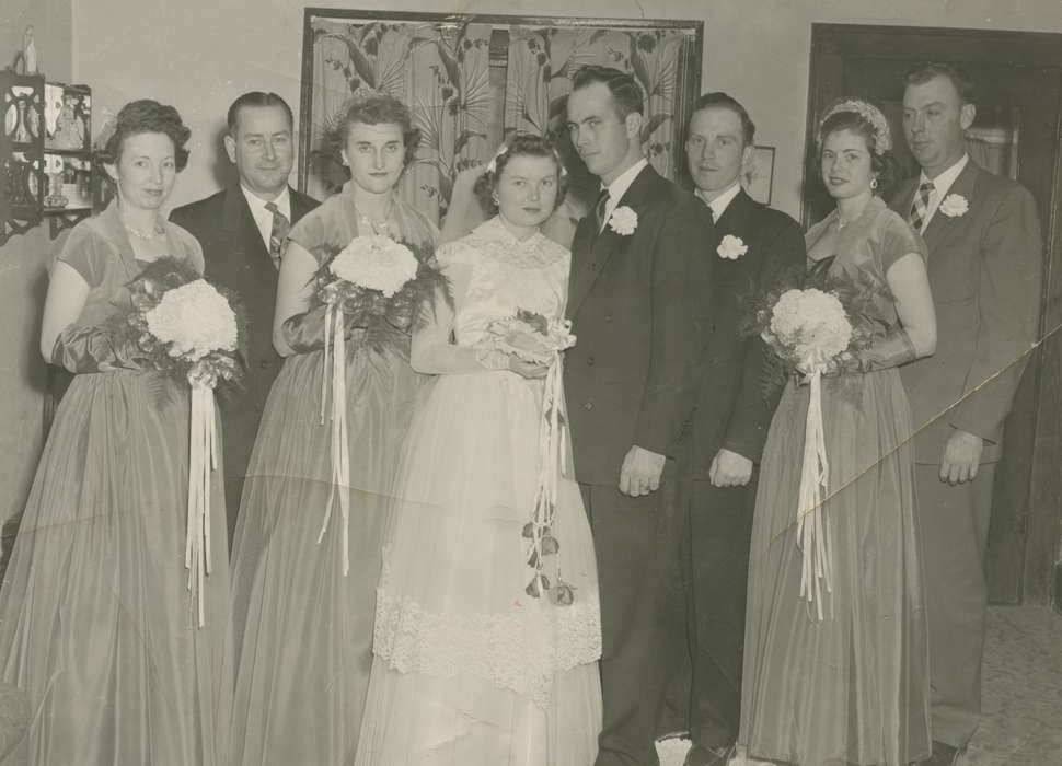 Portraits - Group, history of Iowa, bouquet, Iowa History, groom, Fonda, IA, bride, bridesmaid, Iowa, Owens, Tricia, Weddings, wedding dress, groomsmen, tuxedo