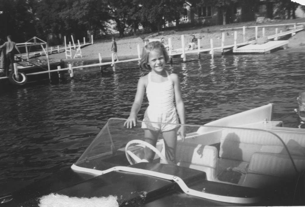 lake, swimsuit, history of Iowa, Motorized Vehicles, boat, Iowa, Lakes, Rivers, and Streams, Potter, Ann, Okoboji, IA, Portraits - Individual, Children, Iowa History, Outdoor Recreation