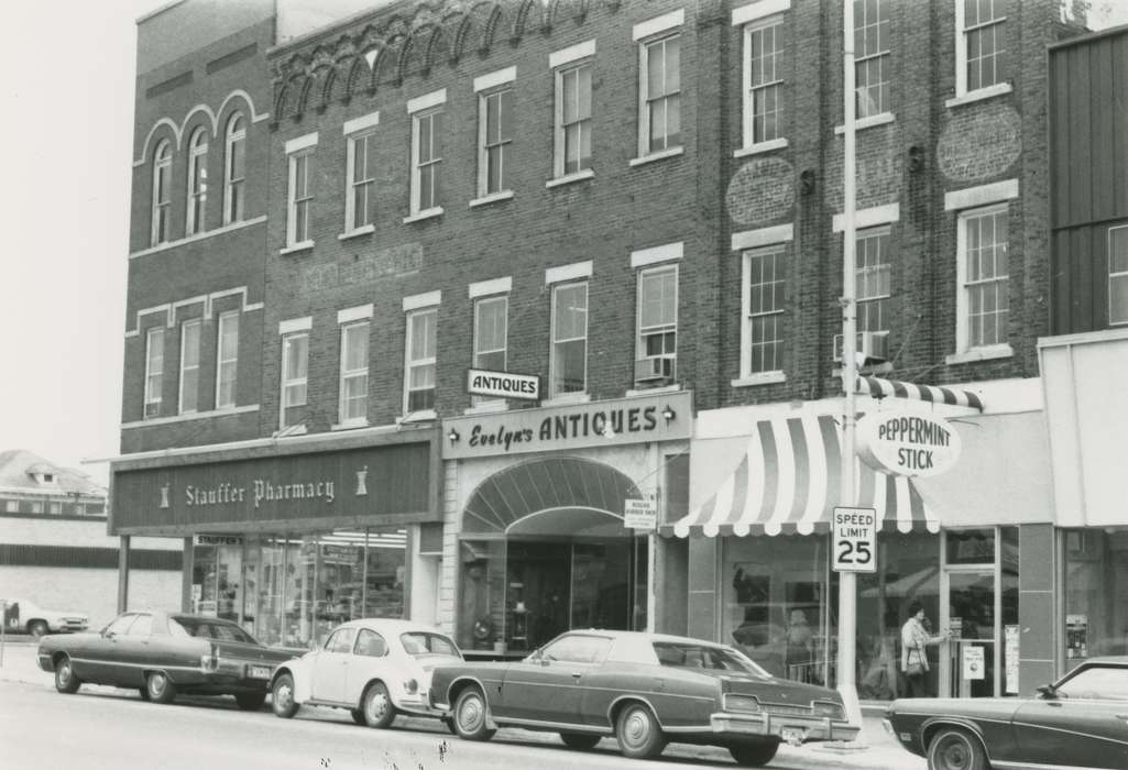 Main Streets & Town Squares, main street, pharmacy, Iowa History, history of Iowa, Businesses and Factories, clothing store, Iowa, Cities and Towns, antique store, Waverly Public Library