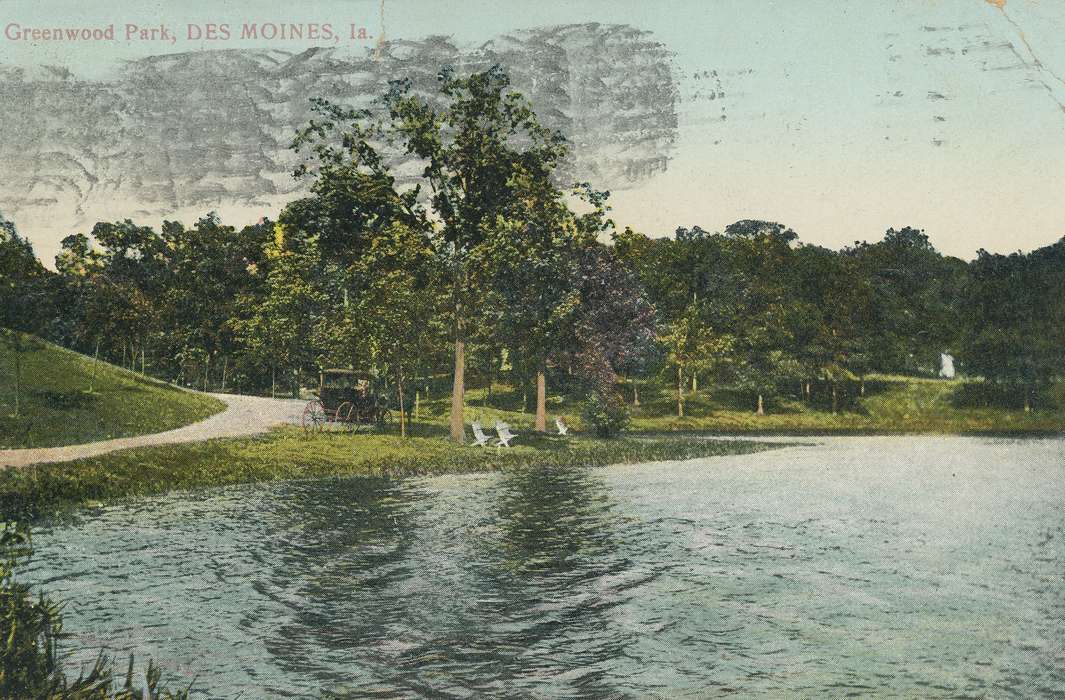 lake, Iowa History, history of Iowa, automobile, Lakes, Rivers, and Streams, Shaulis, Gary, postcard, Iowa, Outdoor Recreation, city park, Leisure