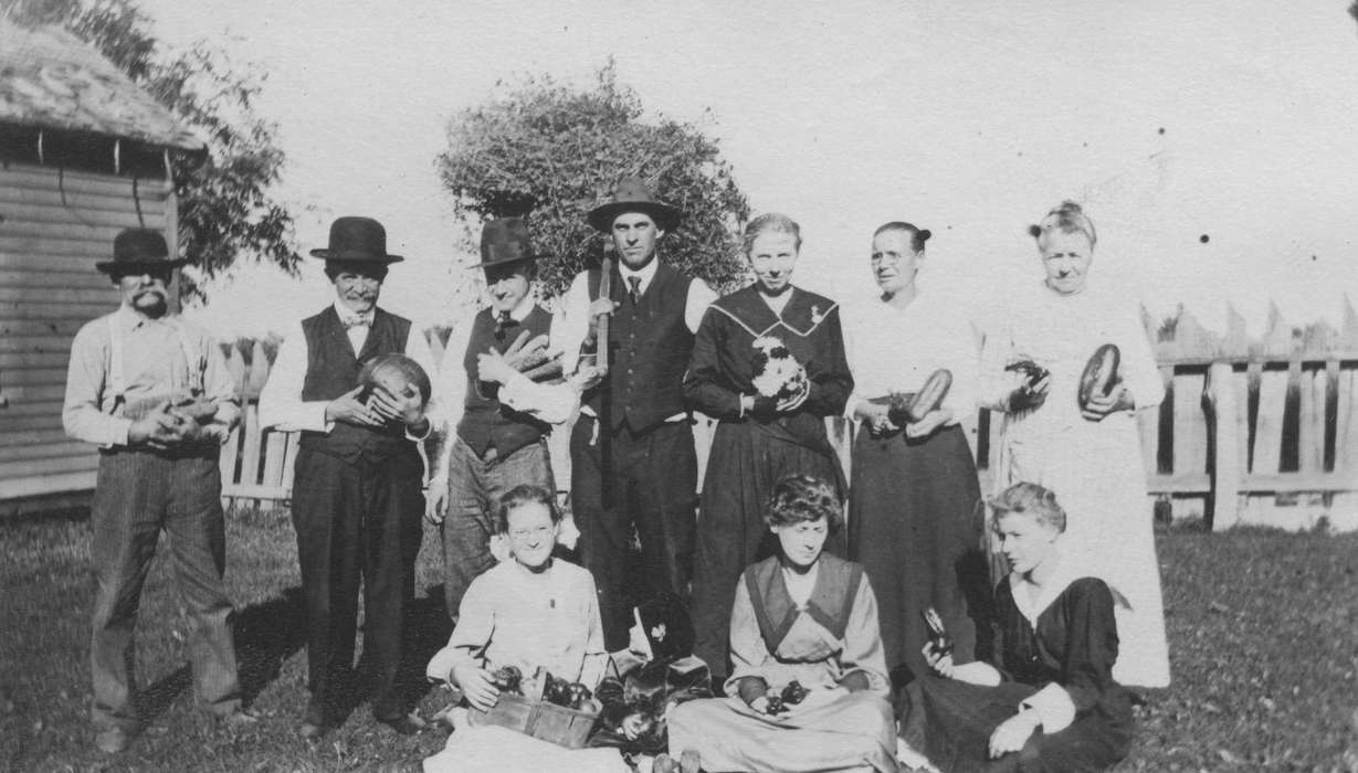 Portraits - Group, cucumber, vegetables, history of Iowa, Iowa History, IA, watermelon, Families, Busse, Victor, Iowa, Farms, Food and Meals