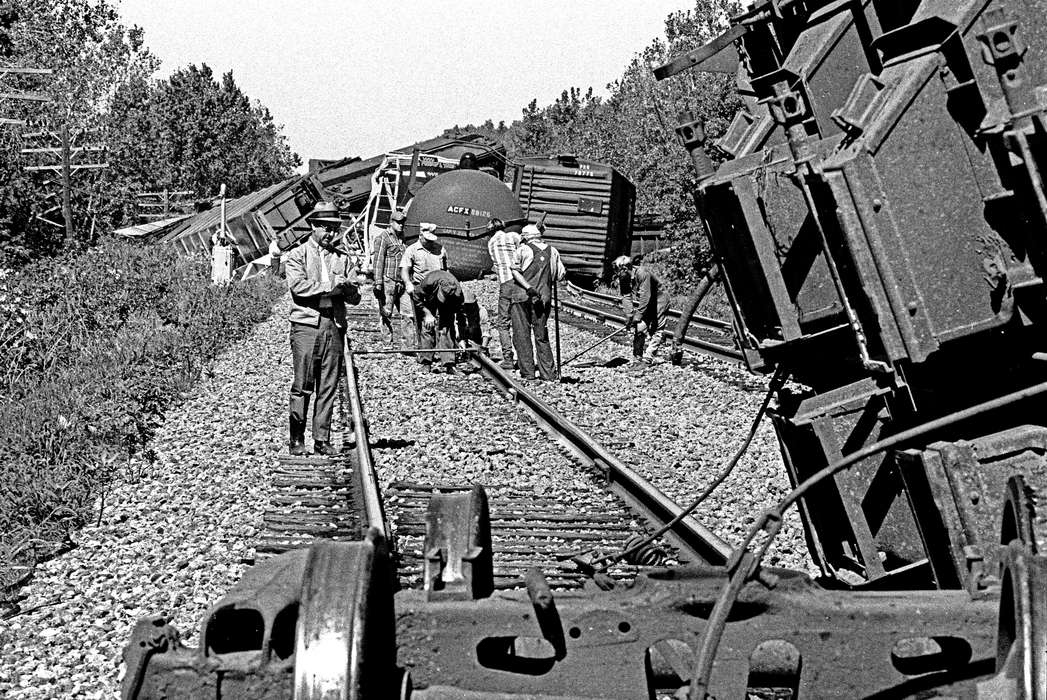 history of Iowa, Iowa History, Ottumwa, IA, Wrecks, Motorized Vehicles, photographer, train track, crash, Iowa, Lemberger, LeAnn, train, gravel, Labor and Occupations
