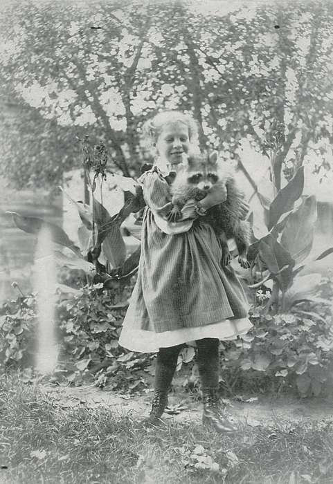 flower, boots, correct date needed, Iowa, raccoon, Animals, bush, Children, Meyers, Cindy, Portraits - Individual, dress, history of Iowa, Iowa History, Pleasant Valley, IA