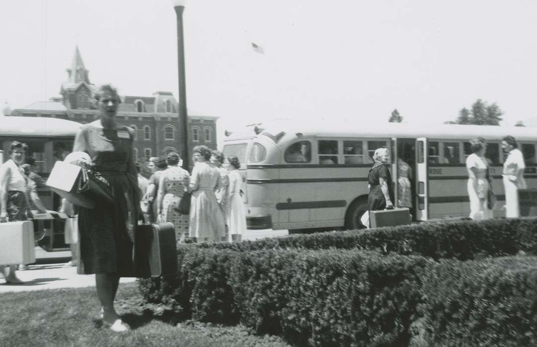 Travel, history of Iowa, Iowa History, IA, Motorized Vehicles, suitcase, Tjaden, Carol, Iowa, bus, Portraits - Individual