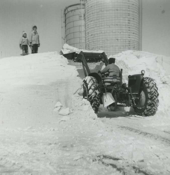 Portraits - Group, tractor, Children, Iowa History, Iowa, silo, Vauthier, Elizabeth, Farms, Farming Equipment, Grundy County, IA, snow, history of Iowa, Winter