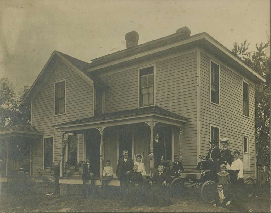 Portraits - Group, Meyers, Peggy, history of Iowa, dress, Iowa History, front porch, Families, Motorized Vehicles, West Liberty, IA, car, Iowa, correct date needed, porch, Farms, house, suit