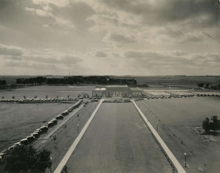 history of Iowa, Iowa History, uni, Motorized Vehicles, iowa state teachers college, field, car, building, UNI Special Collections & University Archives, Iowa, Schools and Education, university of northern iowa