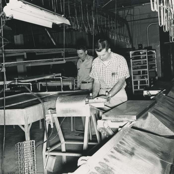 rack, history of Iowa, Portraits - Group, Waverly Public Library, Waverly, IA, tubing, fluorescent light fixture, Iowa, Iowa History, machine, correct date needed, worker, men, Labor and Occupations