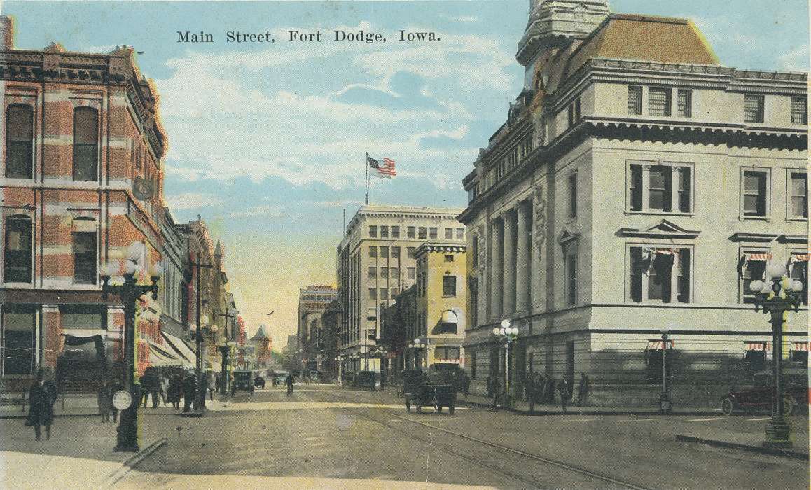 Main Streets & Town Squares, history of Iowa, Iowa History, automobile, Businesses and Factories, american flag, postcard, Iowa, Cities and Towns, people, Shaulis, Gary