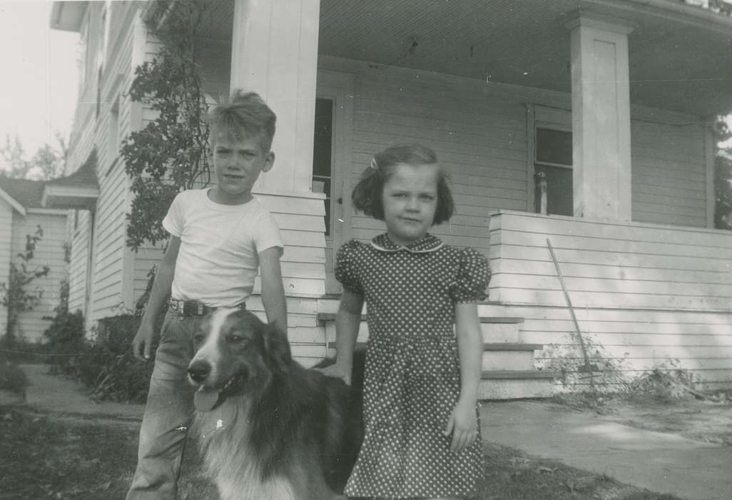 Portraits - Group, history of Iowa, Iowa History, Families, Animals, Tjaden, Carol, Cresco, IA, Iowa, porch, Homes, Children, dog
