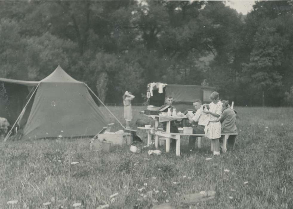 Outdoor Recreation, Food and Meals, Travel, Iowa, USA, tent, McMurray, Doug, Families, Leisure, Children, car, camp, history of Iowa, picnic table, Motorized Vehicles, Iowa History