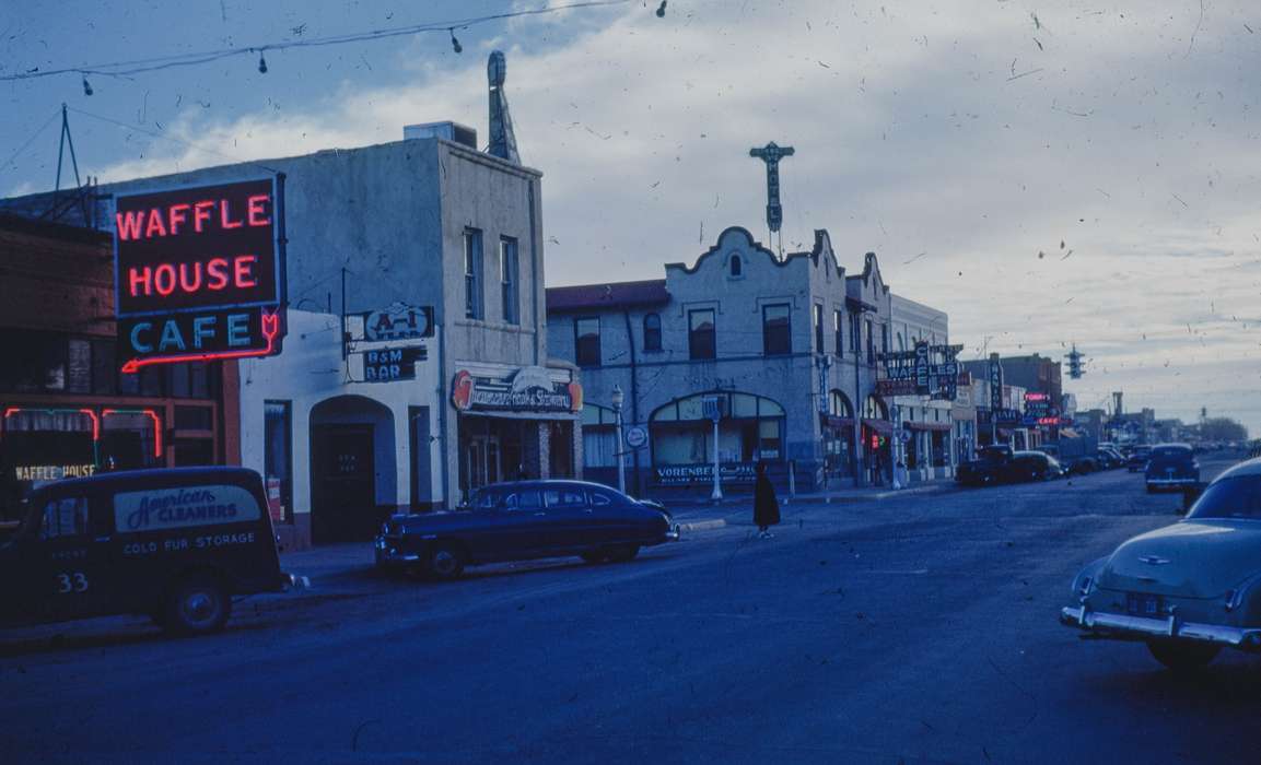 Main Streets & Town Squares, streetlights, history of Iowa, cars, waffle house, Sack, Renata, Iowa History, clouds, Motorized Vehicles, road, waffle, correct date needed, Cities and Towns, Iowa, USA, restaurant