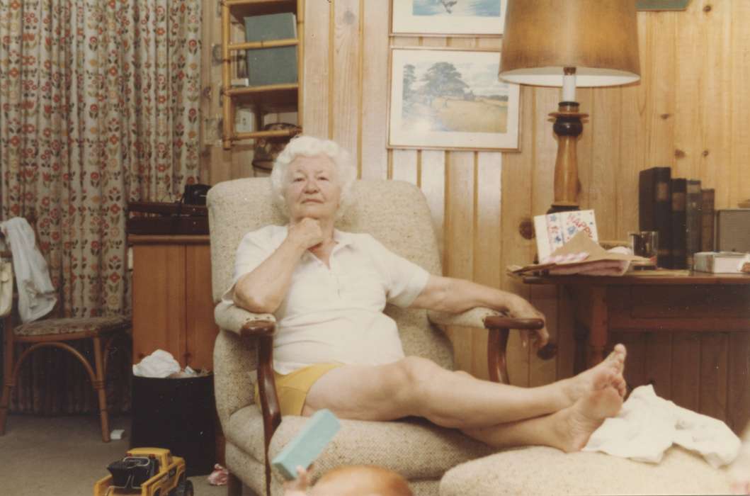 history of Iowa, wood paneling, Portraits - Individual, barefoot, Iowa History, chair, Iowa, Homes, Potter, Ann, Leisure, Okoboji, IA, lamp