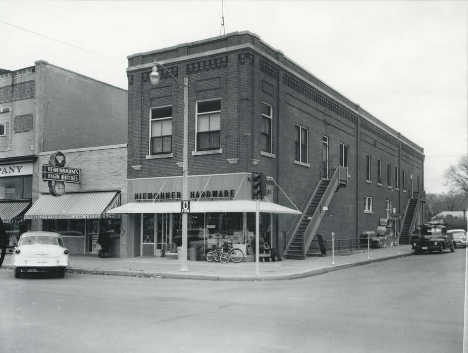 corner, Main Streets & Town Squares, Waverly Public Library, history of Iowa, parking meter, Iowa History, Motorized Vehicles, Businesses and Factories, bicycle, Iowa, Cities and Towns, stairs, lightpost