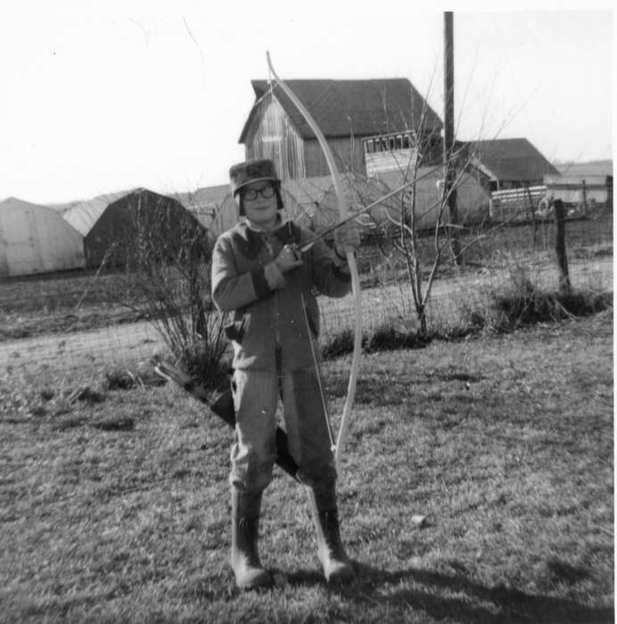history of Iowa, Iowa History, IA, archery, boots, Schrodt, Evelyn, Iowa, Outdoor Recreation, Farms, Children, bow and arrow, Portraits - Individual