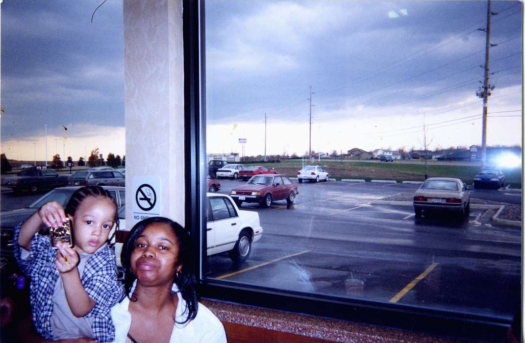 Portraits - Group, parking lot, Iowa, Waterloo, IA, Children, african american, car, People of Color, history of Iowa, Bradford, Rosemary, burger king, Motorized Vehicles, Iowa History