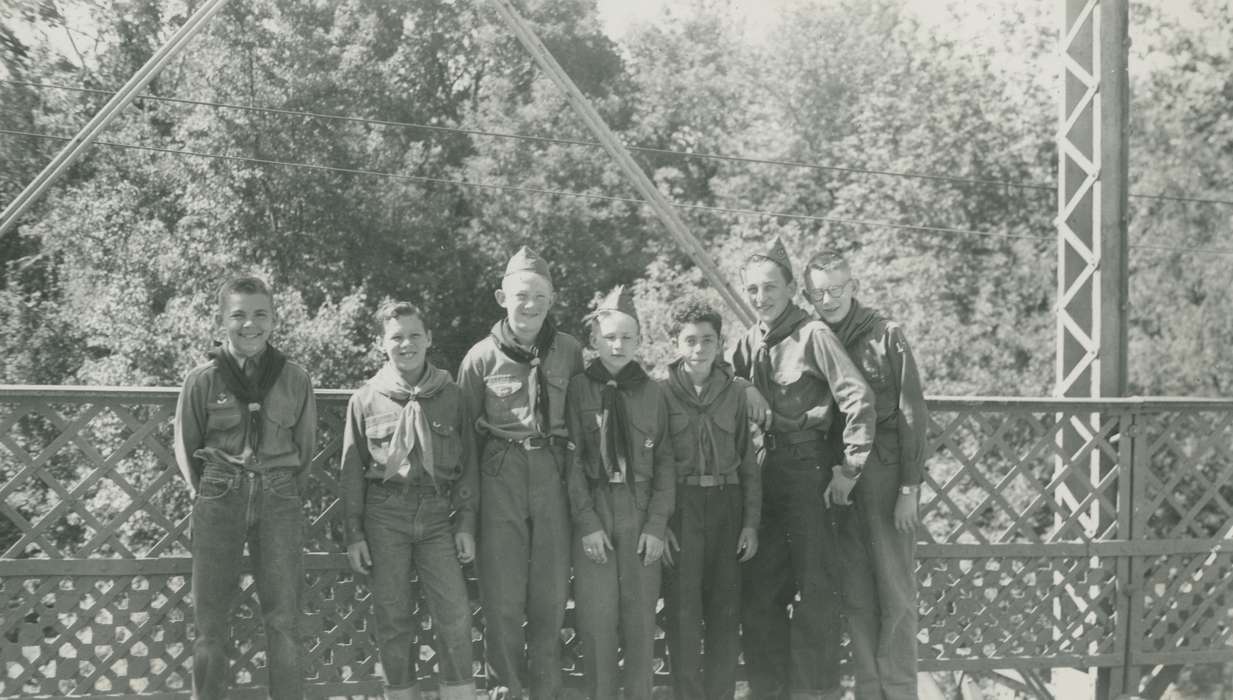 Portraits - Group, boy scouts, denim, fence, history of Iowa, Iowa History, Webster City, IA, Civic Engagement, scarf, Iowa, Outdoor Recreation, McMurray, Doug, Children