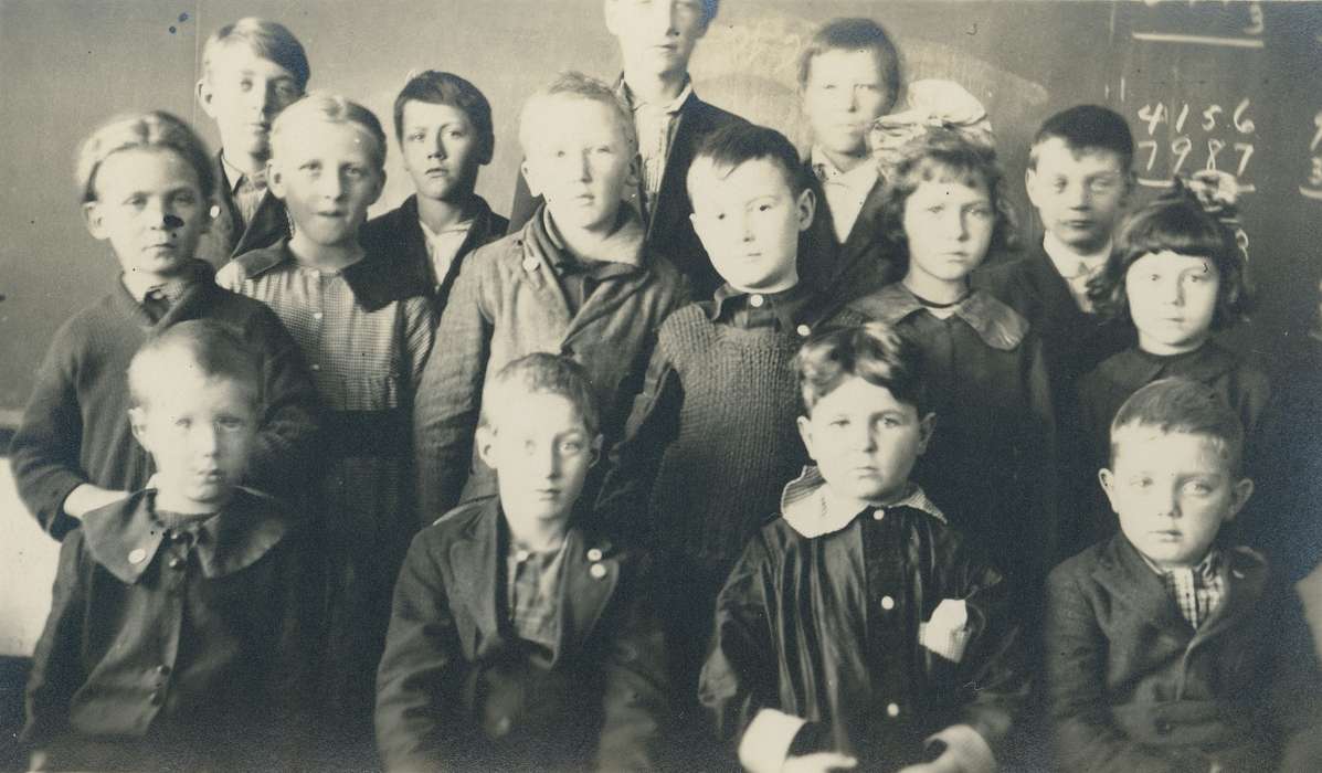 Portraits - Group, rural school, history of Iowa, Iowa History, chalkboard, IA, University of Northern Iowa Museum, coat, Iowa, Schools and Education, dress, Children