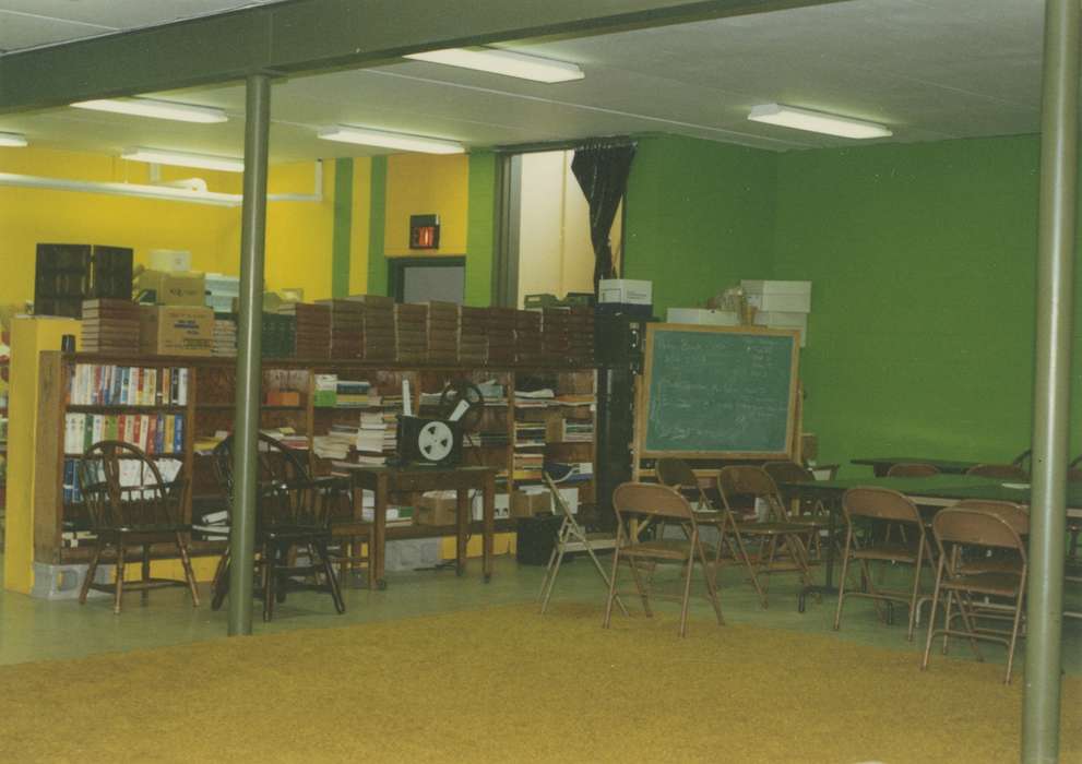 Waverly Public Library, history of Iowa, Iowa History, chalkboard, film projector, books, bookshelf, table and chairs, Iowa, Leisure