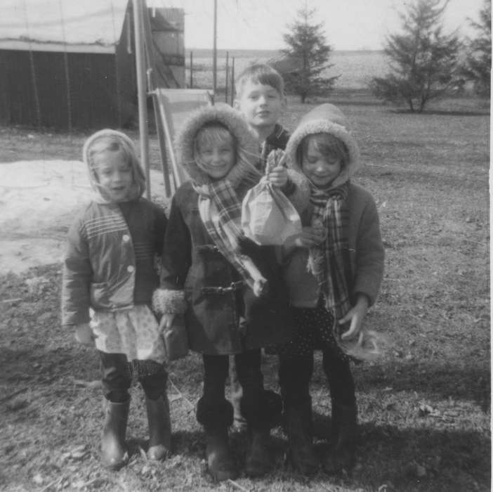 Portraits - Group, Bouck, Sharon, Waterloo, IA, Children, Iowa, Iowa History, slide, Farms, scarf, Leisure, history of Iowa