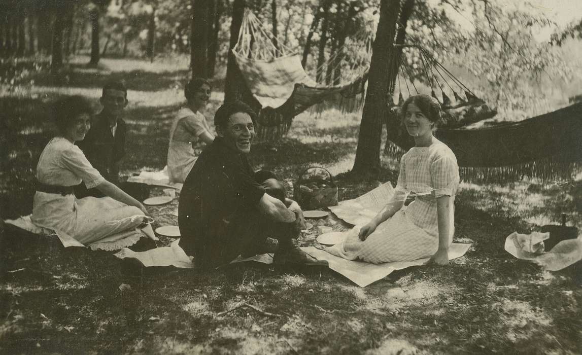 Portraits - Group, Food and Meals, IA, Iowa, Leisure, LeQuatte, Sue, laughing, history of Iowa, hammock, picnic, Iowa History