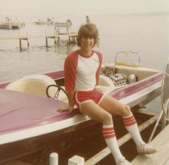 short shorts, IA, history of Iowa, Motorized Vehicles, boat, Iowa, Lakes, Rivers, and Streams, Phipps, Kristi, Iowa History, man, Outdoor Recreation