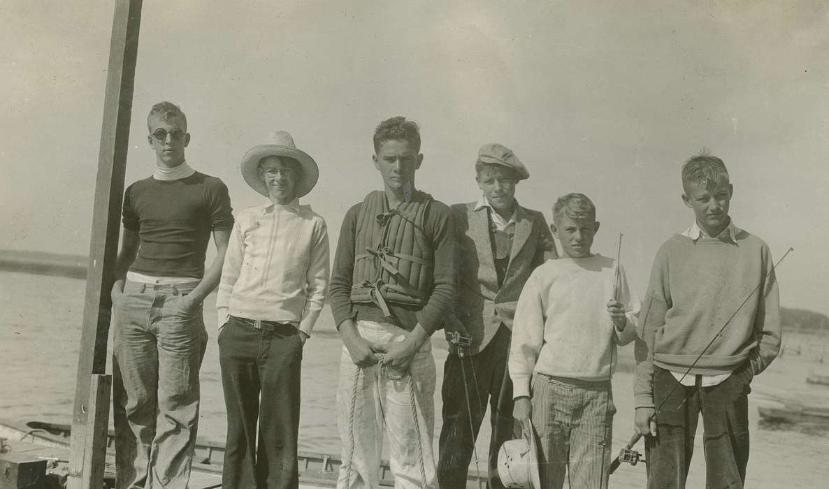 Outdoor Recreation, Portraits - Group, Iowa, McMurray, Doug, Lakes, Rivers, and Streams, boy scout, lake, fishing, Clear Lake, IA, history of Iowa, life jacket, Iowa History