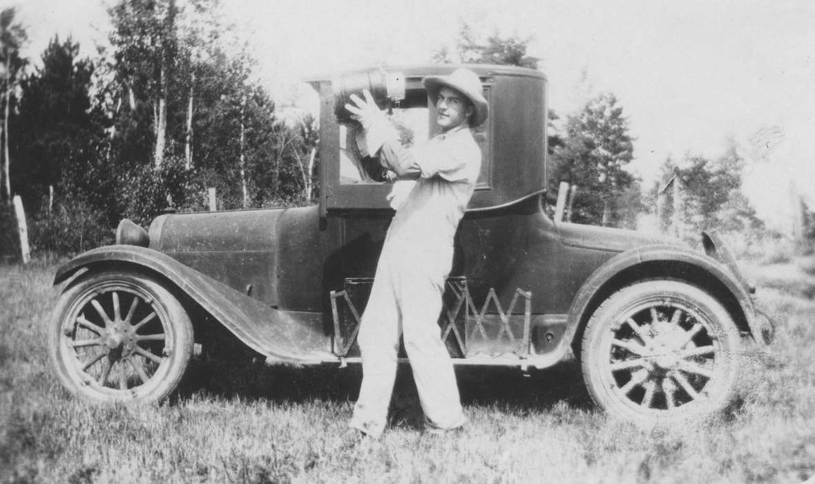 gloves, history of Iowa, Iowa History, IA, Motorized Vehicles, car, Hill, John, man, Iowa, Food and Meals, hat, Portraits - Individual