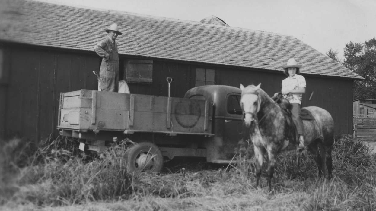 Portraits - Group, Burlington, IA, Farming Equipment, history of Iowa, Iowa History, truck, Motorized Vehicles, Barns, Animals, Busse, Victor, Iowa, Farms, horse