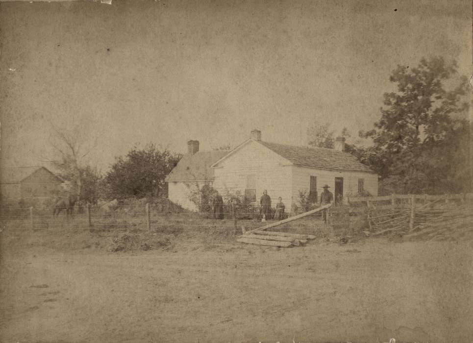 Portraits - Group, trees, Iowa, Adam, Patty, wood pile, house, fence, Birmingham, IA, history of Iowa, Iowa History