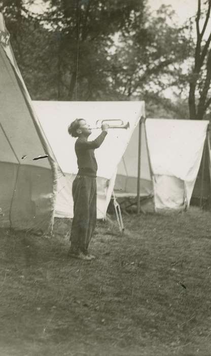 boy scouts, bugle, musician, music, history of Iowa, Iowa History, buggy, Webster City, IA, McMurray, Doug, Iowa, Outdoor Recreation, tents, Children, Portraits - Individual
