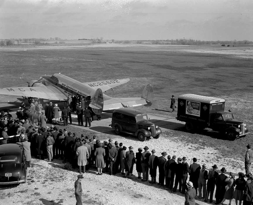 airport, Iowa History, Iowa, Motorized Vehicles, line, crowd, Lemberger, LeAnn, airplane, Ottumwa, IA, truck, Entertainment, Fairs and Festivals, history of Iowa