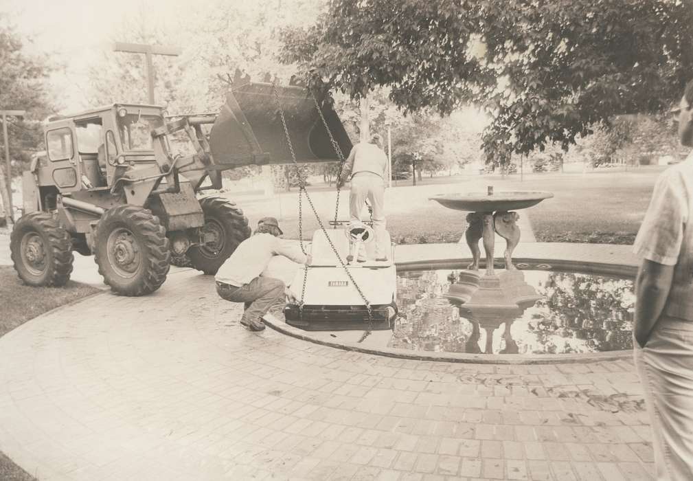 golf cart, history of Iowa, Waverly Public Library, Waverly, IA, Iowa, Motorized Vehicles, prank, fountain, Iowa History, water fountain, Labor and Occupations