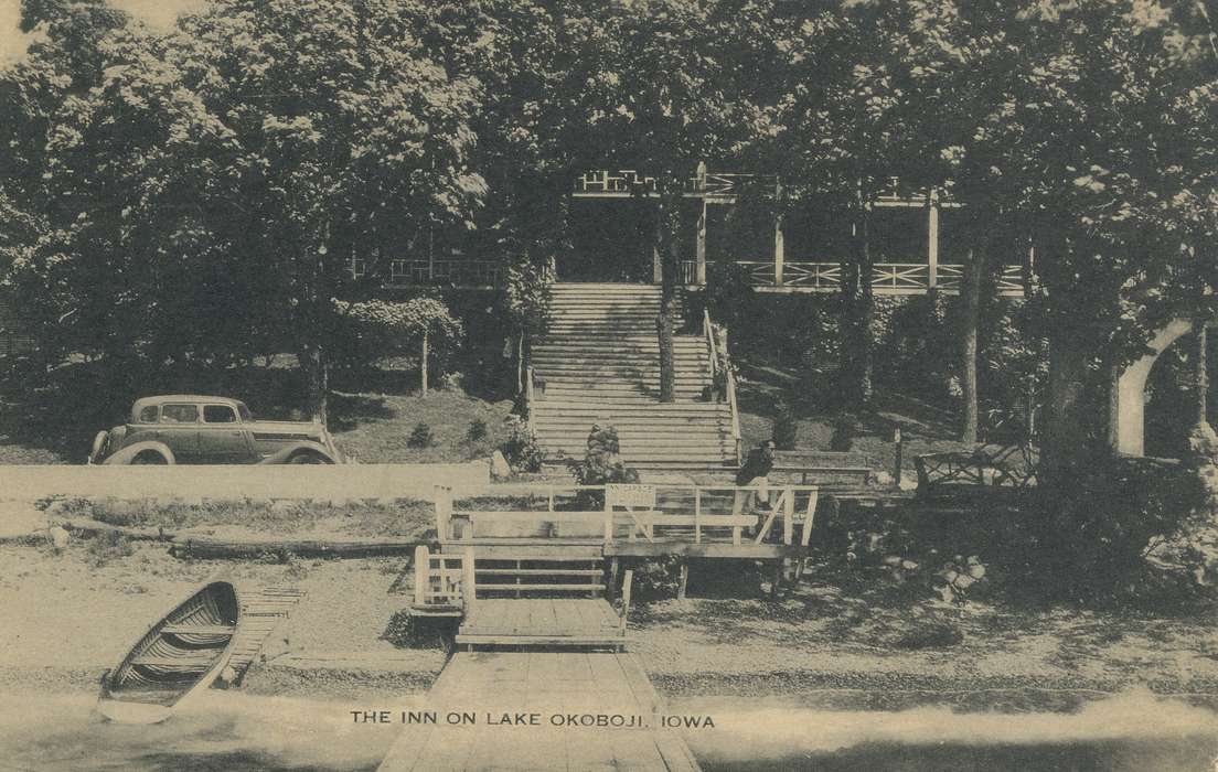 canoe, lake, history of Iowa, postcard, Shaulis, Gary, Iowa, Lakes, Rivers, and Streams, automobile, Iowa History, Leisure