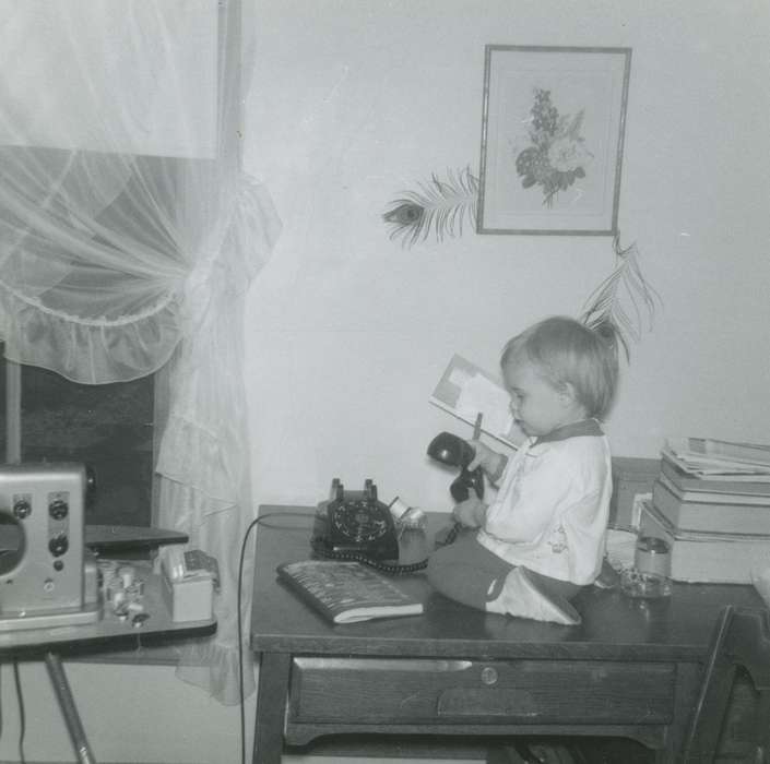 Iowa, Kearns, Kim, desk, Children, toddler, telephone, Decorah, IA, history of Iowa, Iowa History, sewing machine