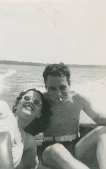 Portraits - Group, Campopiano Von Klimo, Melinda, history of Iowa, Iowa History, Motorized Vehicles, Lakes, Rivers, and Streams, bathing suit, cigarette, sunglasses, Iowa, Outdoor Recreation, boat, Leisure, Okoboji, IA