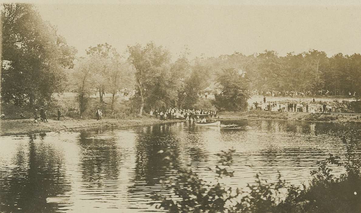 bicycle, lake, postcard, Iowa, history of Iowa, Iowa History, Shaulis, Gary, people, canoe