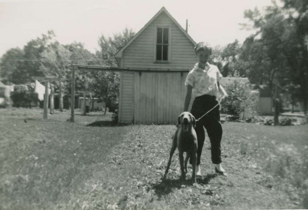 Iowa, USA, clothesline, Animals, dog, Foreman, Jane, Portraits - Individual, laundry, leash, history of Iowa, garage, Iowa History