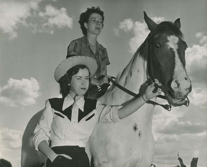 Portraits - Group, Iowa, cowgirl, Animals, Fink-Bowman, Janna, Iowa History, cowboy hat, horse, West Union, IA, history of Iowa, costume, cloud