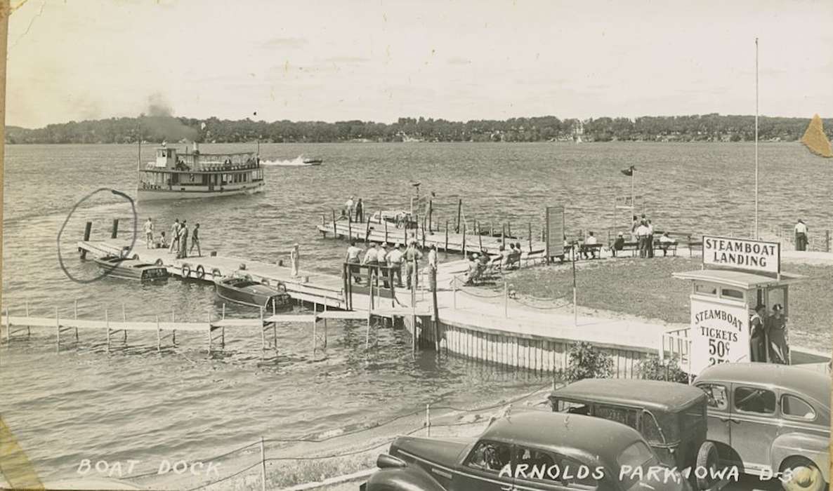 Campopiano Von Klimo, Melinda, steam boat, history of Iowa, Iowa History, Motorized Vehicles, Lakes, Rivers, and Streams, car, Arnold's Park, IA, river, Iowa, Outdoor Recreation, ferry, landing