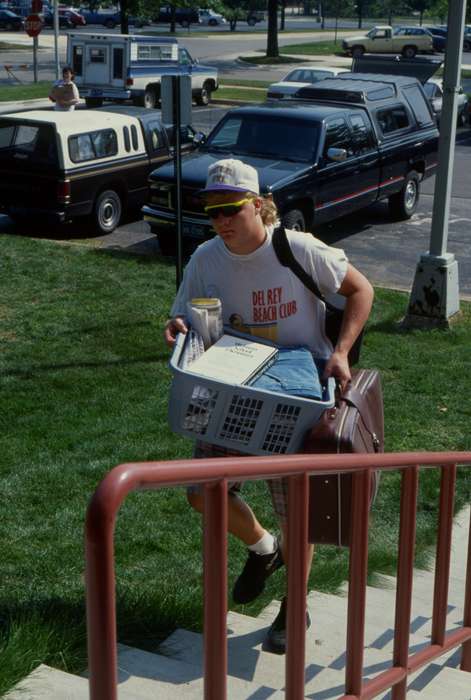 laundry basket, sunglasses, UNI Special Collections & University Archives, luggage, history of Iowa, Motorized Vehicles, Iowa, uni, Cedar Falls, IA, parking lot, Iowa History, university of northern iowa, Schools and Education