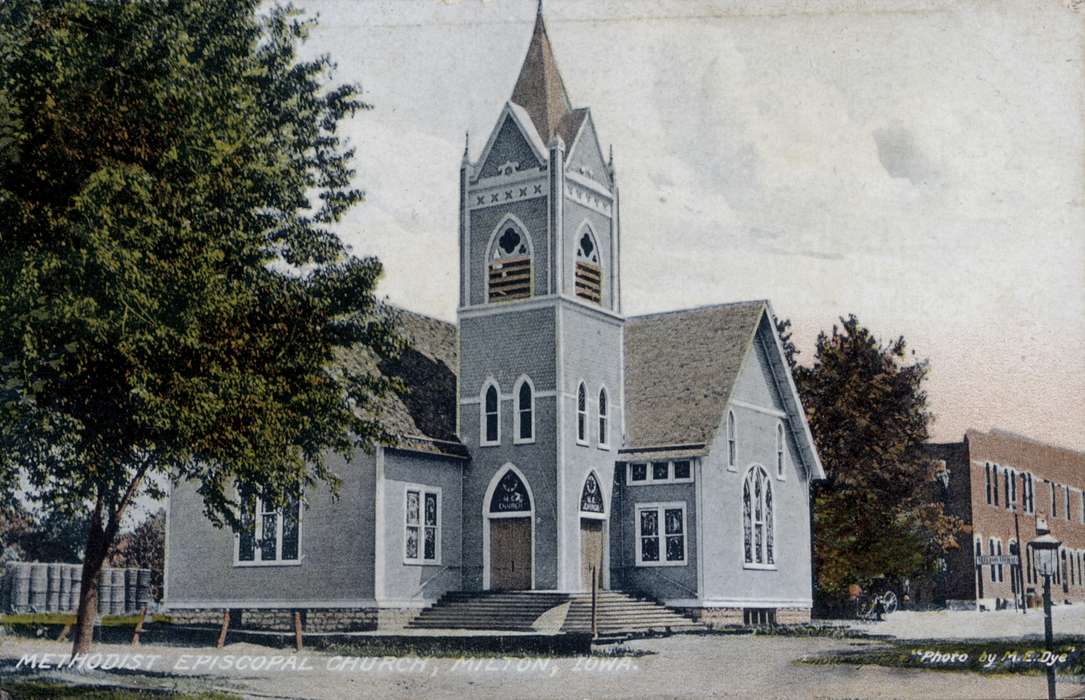 church, window, Iowa, street corner, Iowa History, history of Iowa, Lemberger, LeAnn, Cities and Towns, Religious Structures, stained glass, tree, tower, Milton, IA