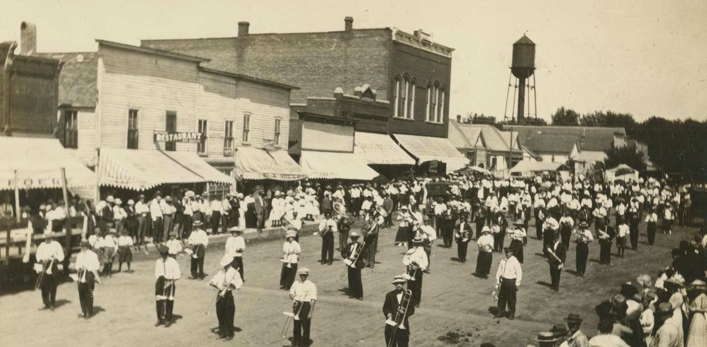 main street, Iowa, Hubbard, IA, parade, trombone, Fairs and Festivals, watertower, Cook, Mavis, restaurant, Cities and Towns, band, history of Iowa, Main Streets & Town Squares, Iowa History