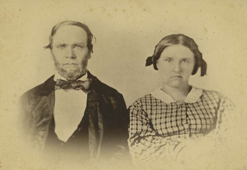 Portraits - Group, plaid, correct date needed, Iowa, Cedar Rapids, IA, couple, woman, frock coat, Olsson, Ann and Jons, dress, hairnet, history of Iowa, lace collar, man, bow tie, dropped shoulder seams, Iowa History