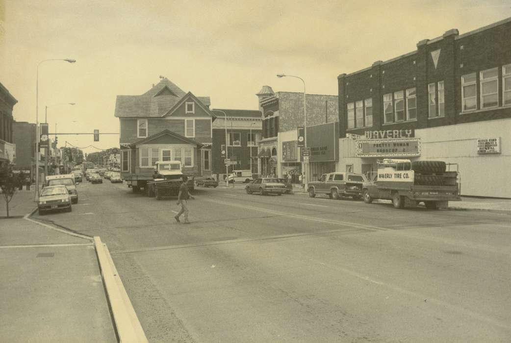 truck, history of Iowa, house, mail truck, Waverly Public Library, Waverly, IA, Main Streets & Town Squares, Iowa, car, lamppost, brick building, Iowa History, Labor and Occupations, movie theater